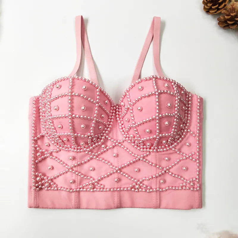Pearl-Embellished Bustier Camisole Top