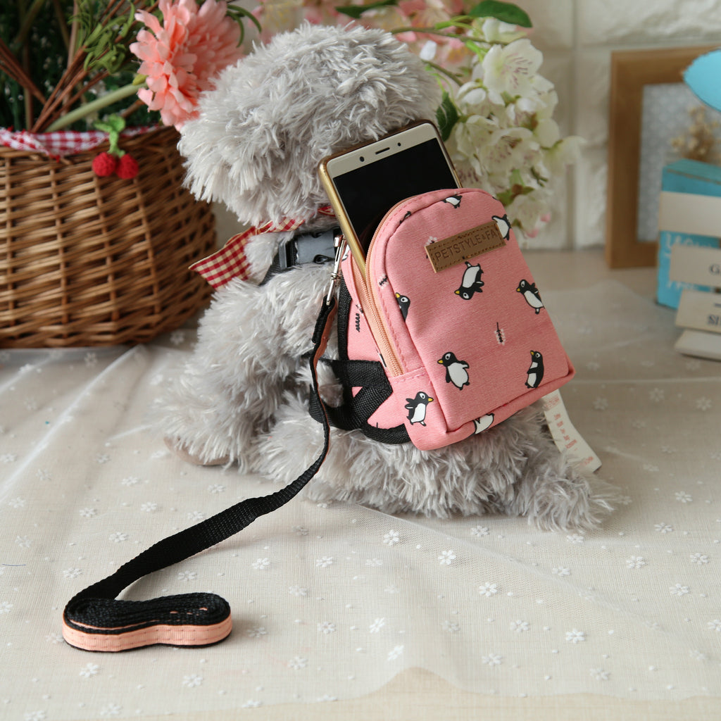 Cartoon Dog Backpack Harness with Leash, Polyester Small Pet Carrier Bag with Zipper Pocket, Adjustable Walking Harness for Cats and Dogs