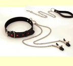 Heart Studded Leather Collar and Chain Leash Set with Adjustable Wrist Cuffs, Adult Roleplay Restraint Kit for Couples