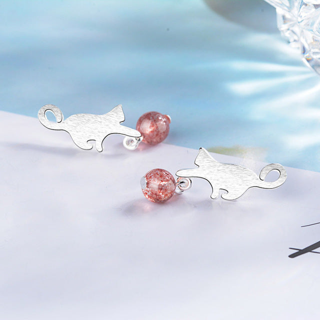Silver Cat Drop Stud Earrings with Zircon Bead