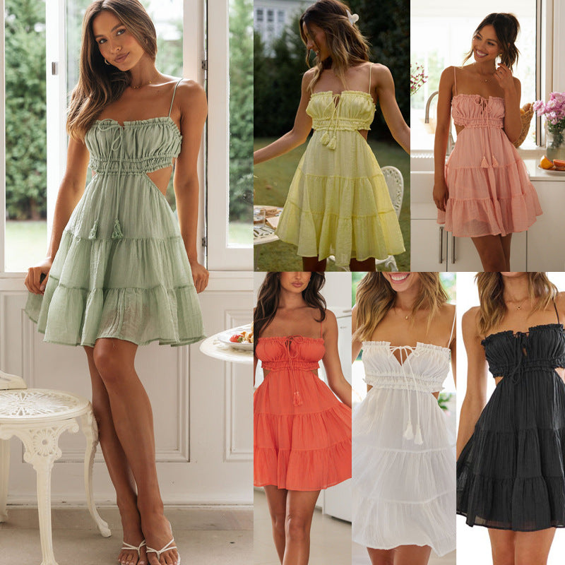 Backless Spaghetti Strap Tiered Mini Dress