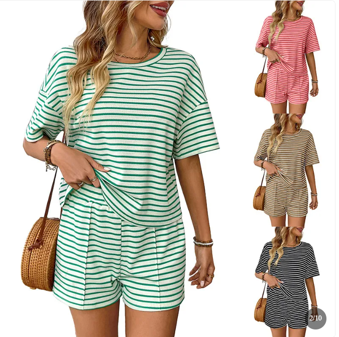 Women's Striped Knit Shorts Set
