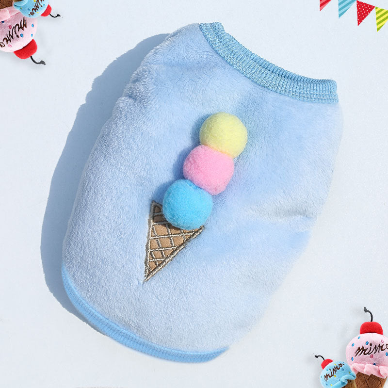Coral Fleece Pet Vest for Dogs and Cats, Soft Warm Sleeveless Pullover with 3D Ice Cream and Strawberry Design, Cute Puppy Clothes