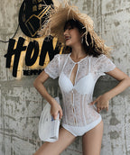 Women's Lace Deep-V Open-Back One-Piece Swimsuit