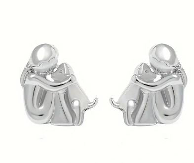 Silver Person Hugging Dog Stud Earrings