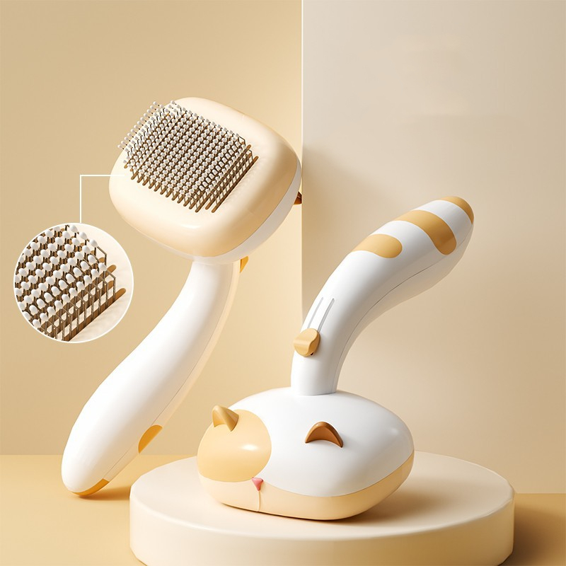 Self-Cleaning Slicker Brush for Cats & Dogs, One-Button Retractable Pet Deshedding Grooming Brush with Cute Stand, Removes Loose Hair & Mats