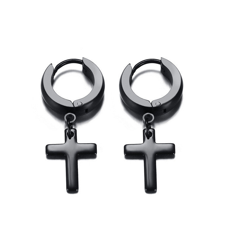 Stainless Steel Cross Drop Hoop Earrings