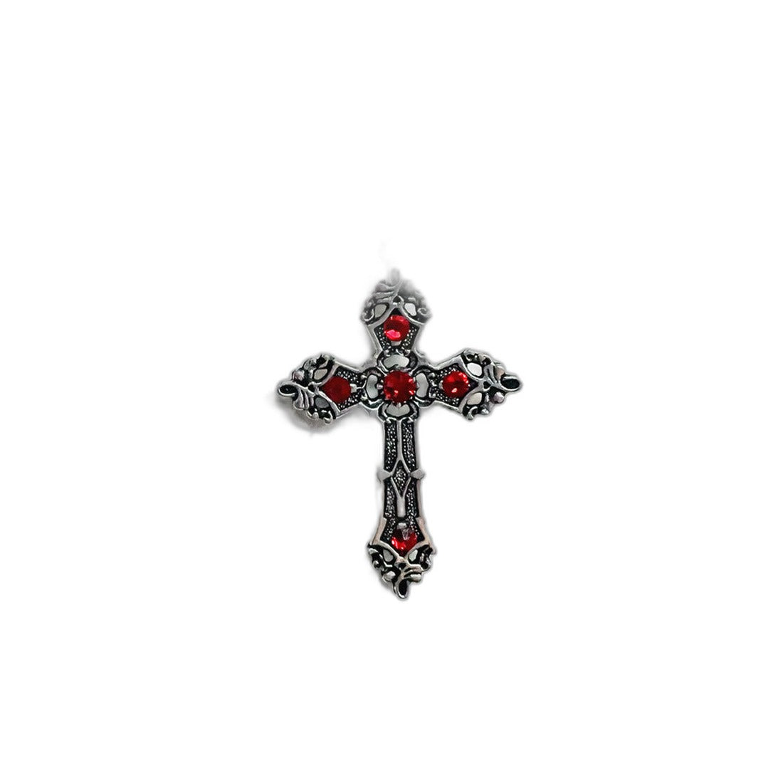 Silver Gothic Cross Necklace with Red Crystals