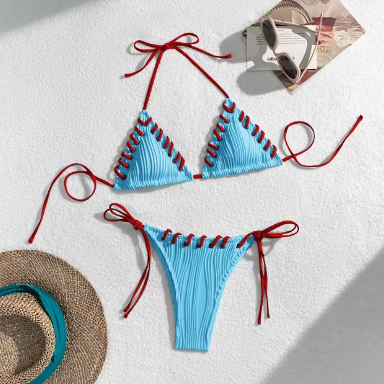 Beige Ribbed Triangle String Bikini Set