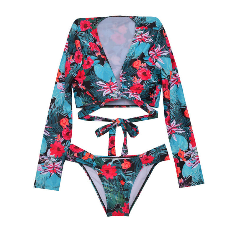 Tropical Floral Long-Sleeve Rash Guard Bikini Set