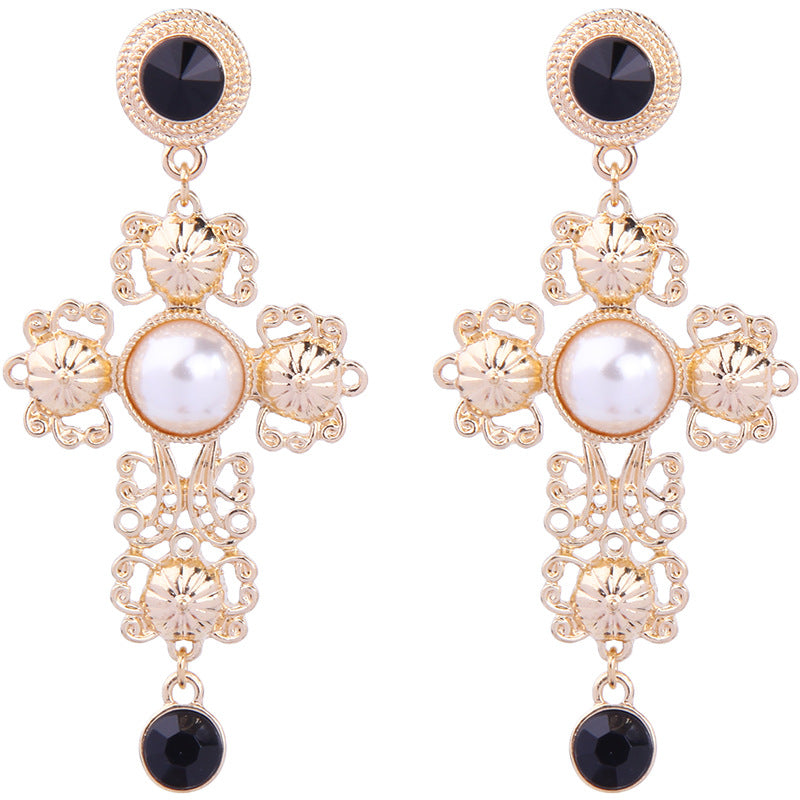 Vintage Baroque Pearl Cross Women's Earrings