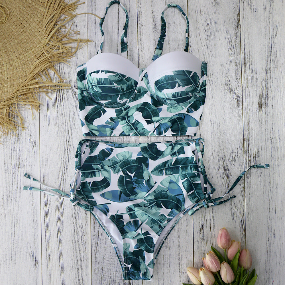 Tropical Palm Print High-Waist Bandeau Bikini Set