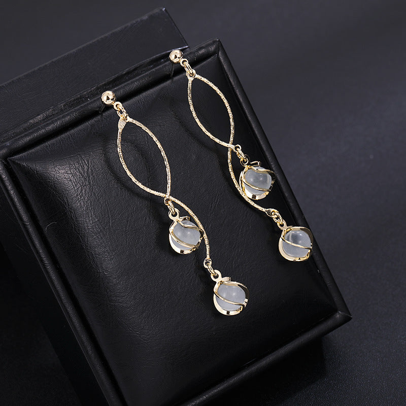 Cat Eye Stone Long Drop Earrings