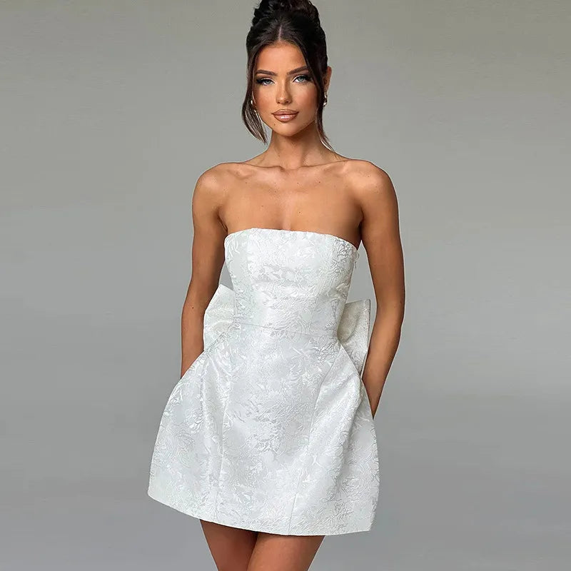Strapless Jacquard Bow Mini Dress