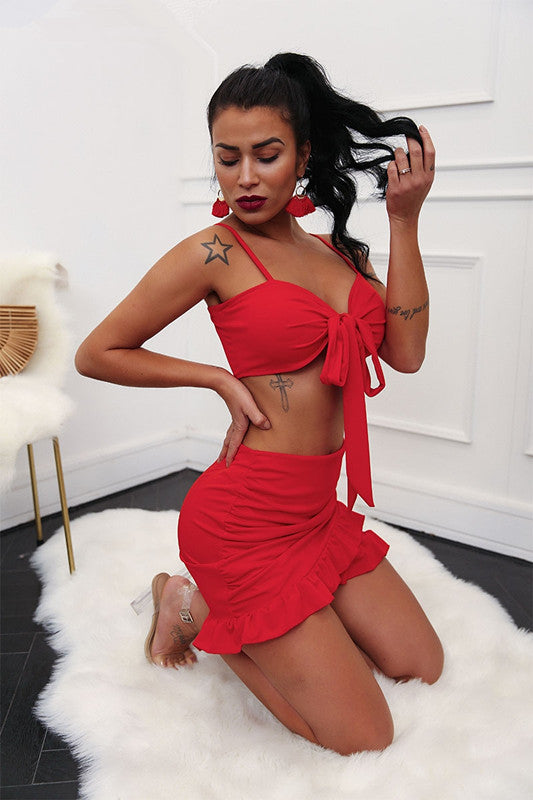 Women's Tie-Front Crop Top and Ruffle Swim Skirt Set