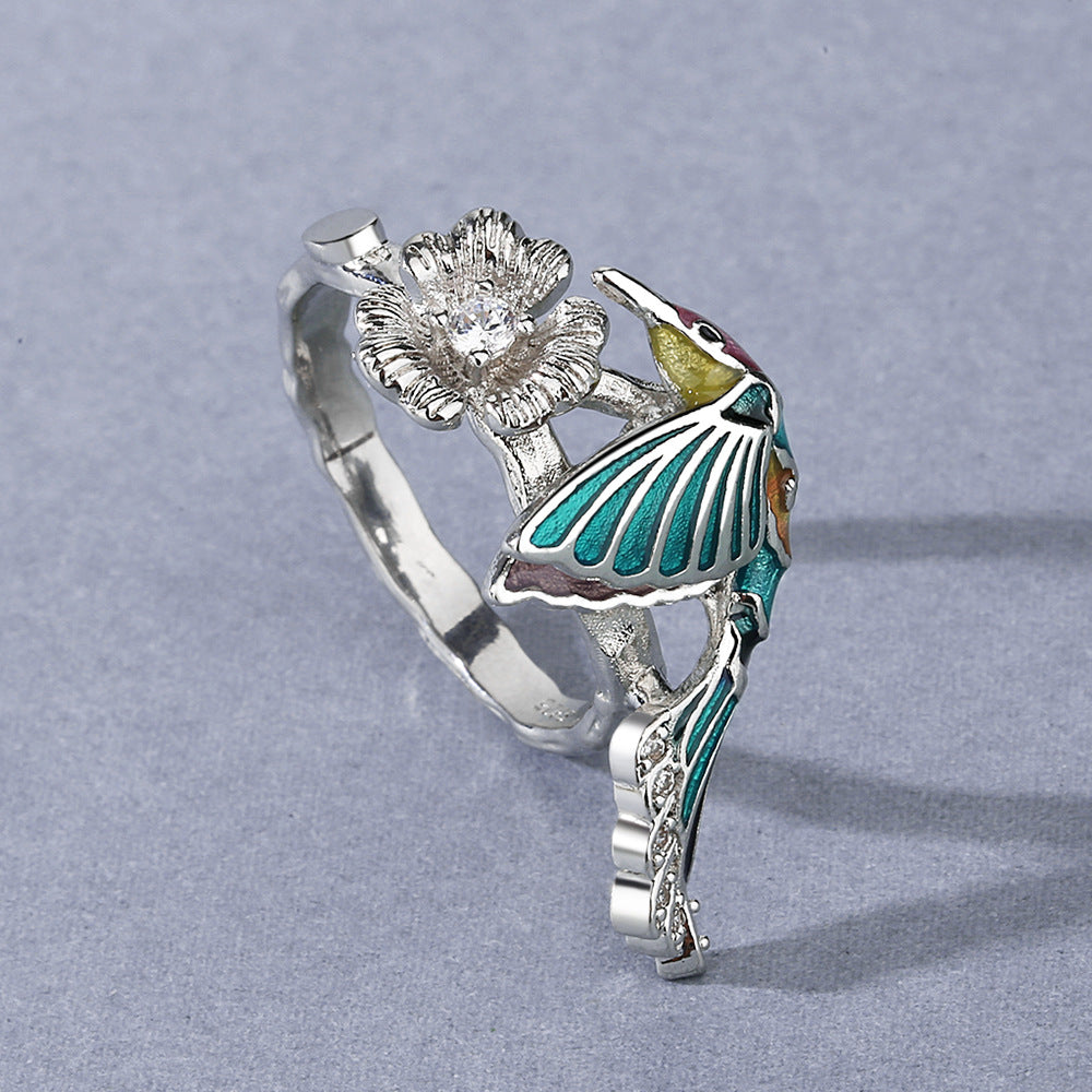 Enamel Hummingbird Flower Ring