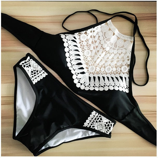 Women's High-Neck Crochet Lace Panel Bikini Set