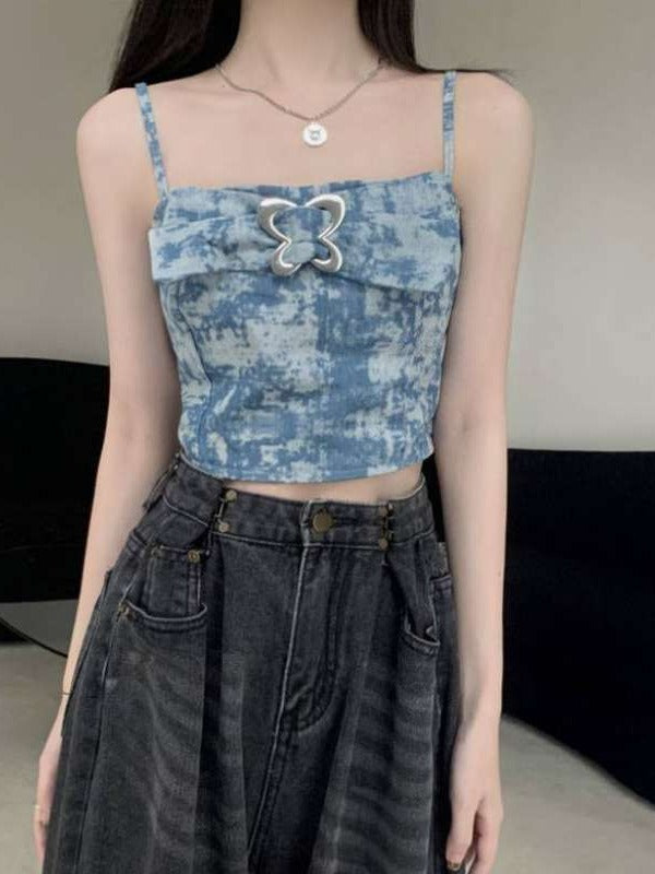 Heart Collar Ruffled Tie-Dye Sequin Tank Top