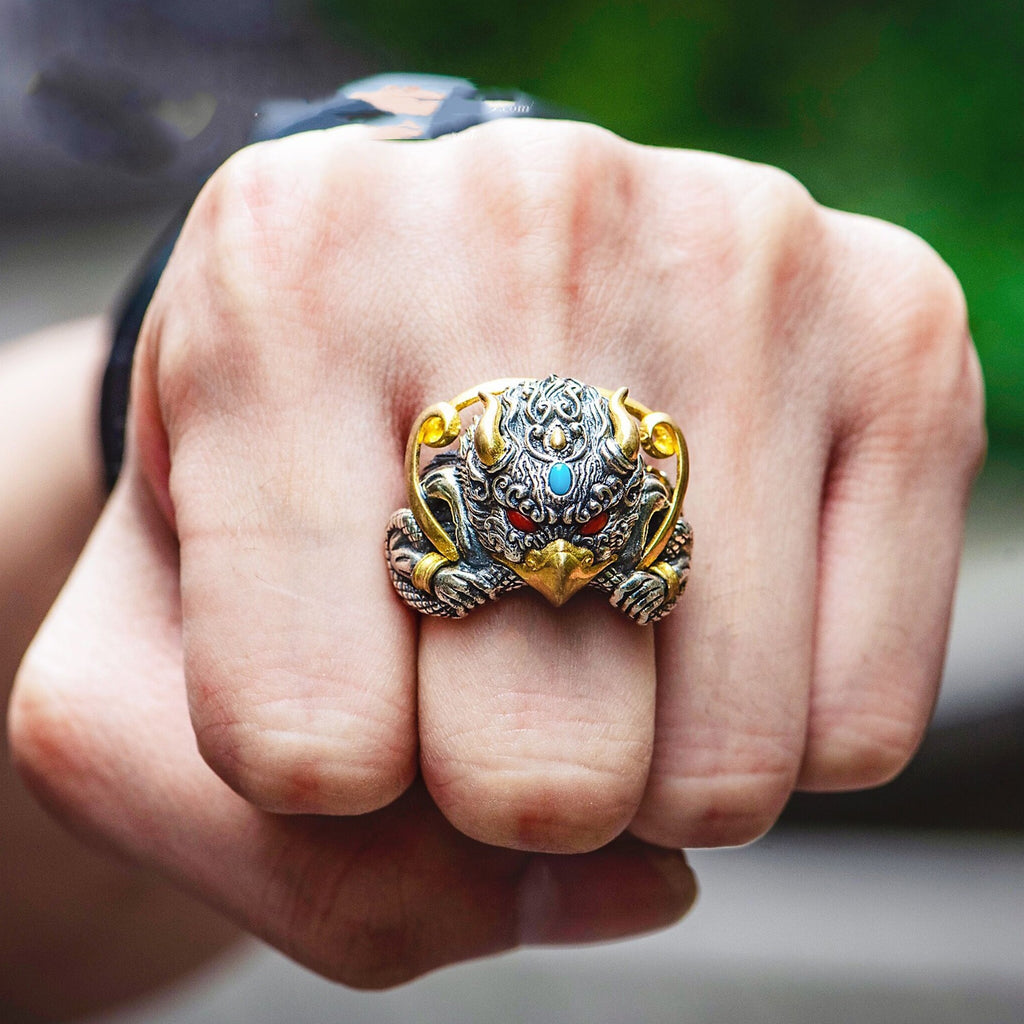 Silver Brass Mythical Beast Statement Ring for Men