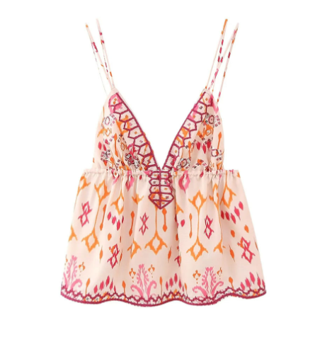 Embroidered Beaded Print Crop Top with V-Neck (One Piece)