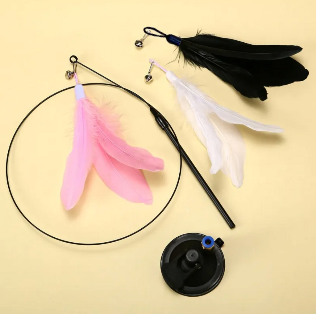 Suction Cup Cat Teaser Wand with Bell, Interactive Feather Toy with Flexible Wire and Interchangeable Feathers for Self-Play