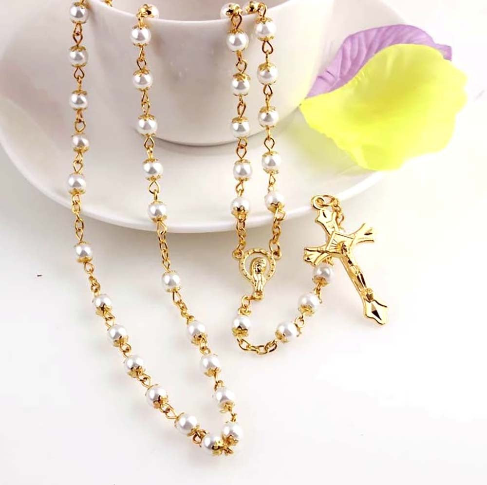 Glass Pearl Rosary Necklace