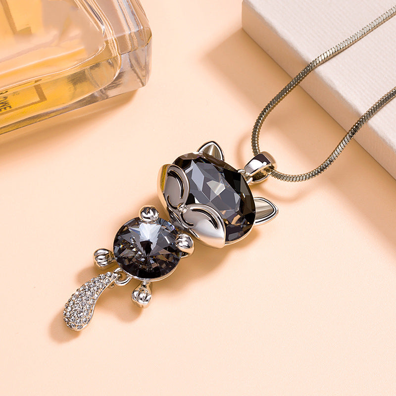 Long Sweater Chain with Crystal Cat Pendant