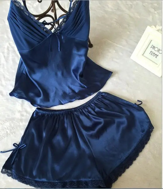 New V-Neck Lace Silk Women's Sleepwear Set
