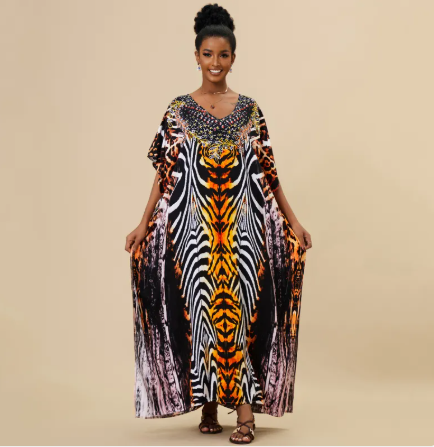 Animal Print Long Kaftan Beach Cover-Up Dress