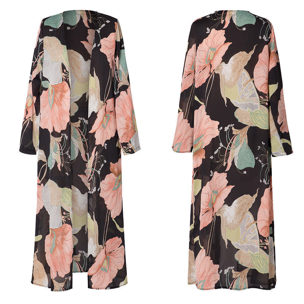 Printed Chiffon Cardigan, Long Beach Cover-Up