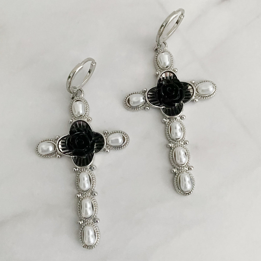Black Rose Cross Pearl Drop Earrings