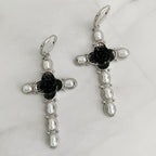 Black Rose Cross Pearl Drop Earrings