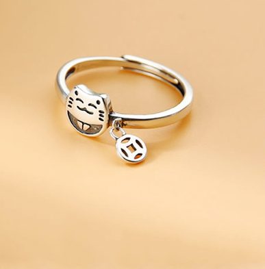 Lucky Cat Ring with Coin Charm for Women