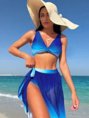Women's Blue Gradient Wrap Bikini and Sarong Set