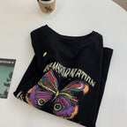 Butterfly Print Stretch Crop Top T-Shirt (All Cotton)