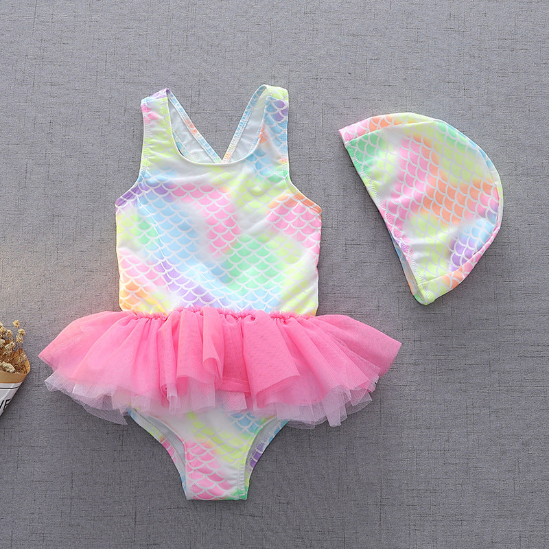 Girls' Mermaid Scale One-Piece Swimsuit with Cap