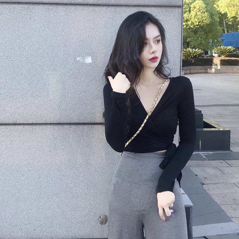 Women's Slim V-neck Long Sleeve Crop Top Fashion