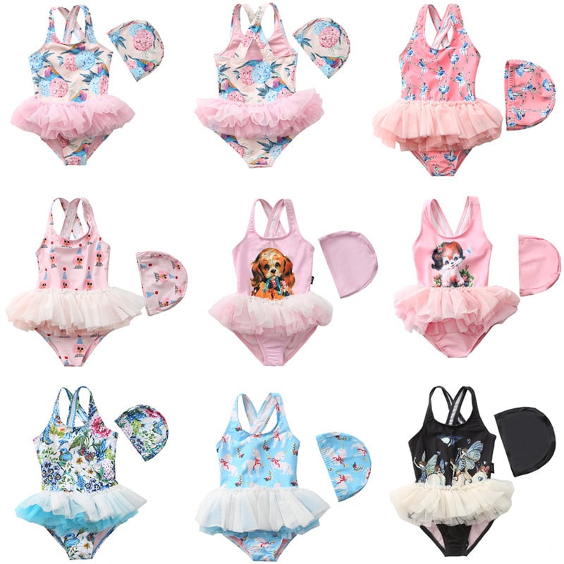 Girls' Fairy Print Tutu One-Piece Swimsuit with Cap