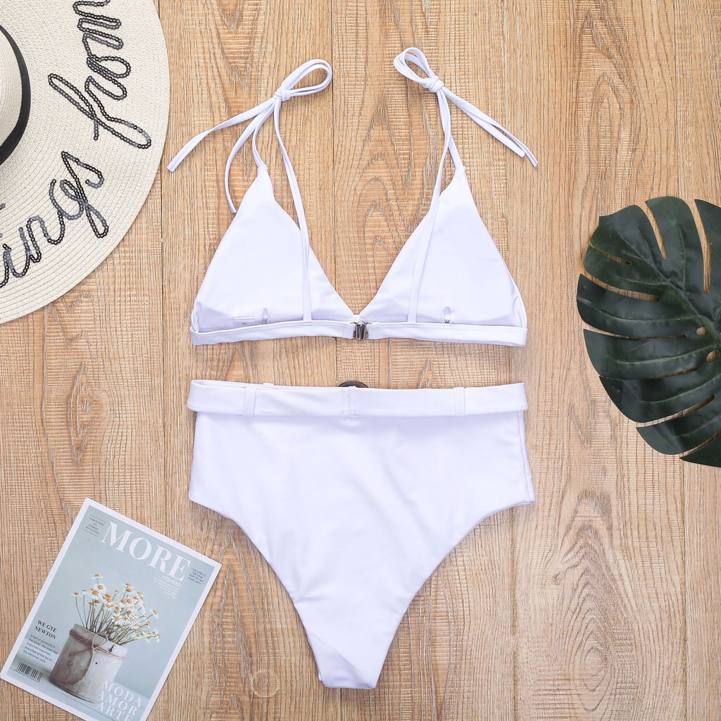 White Belted High-Waisted Bikini Set
