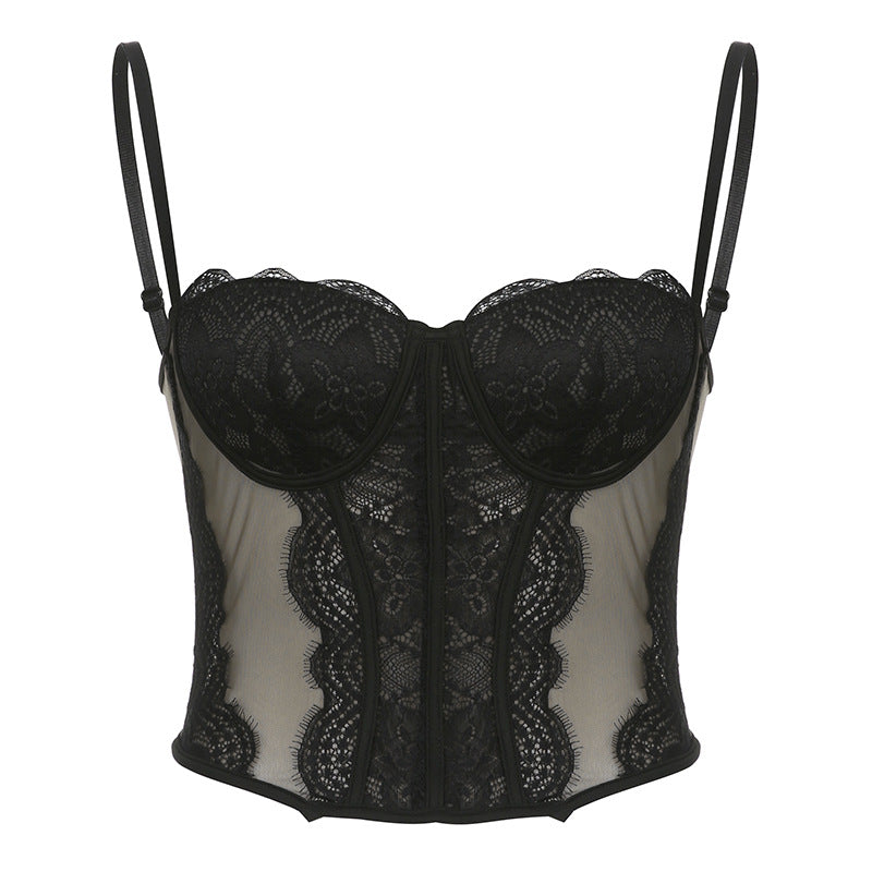 Dark Style Lace Mesh Splicing Slim Fit Camisole Top