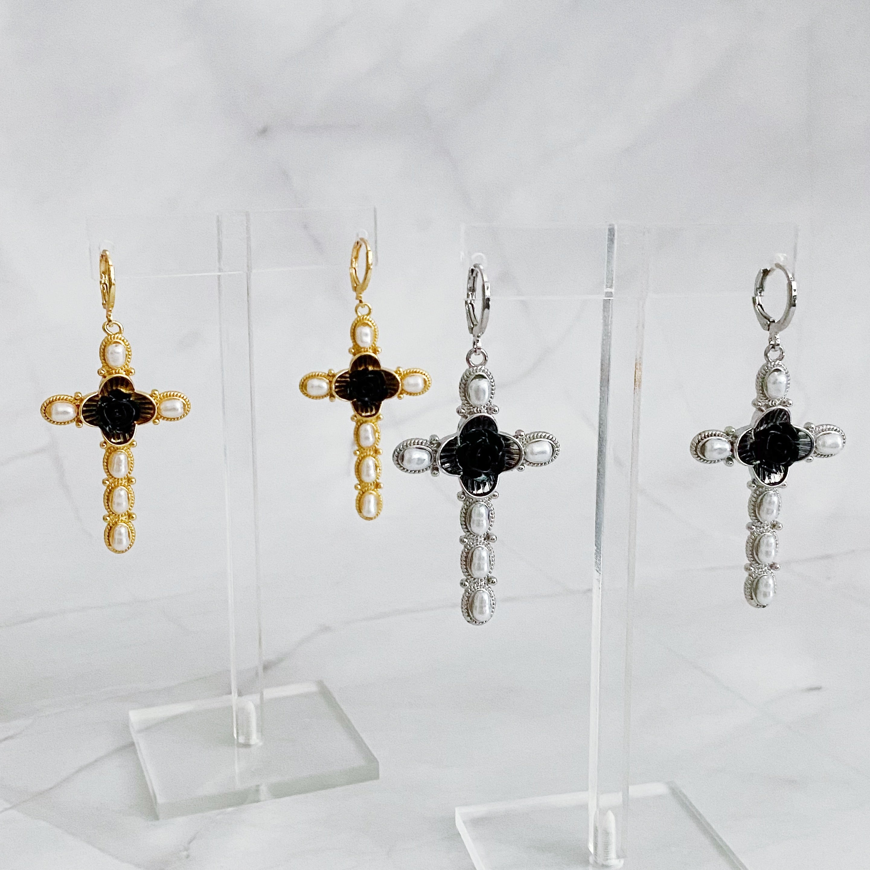 Black Rose Cross Pearl Drop Earrings