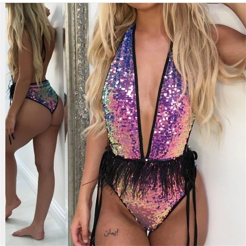 Women's Iridescent Sequin Deep-V Fringe One-Piece Swimsuit