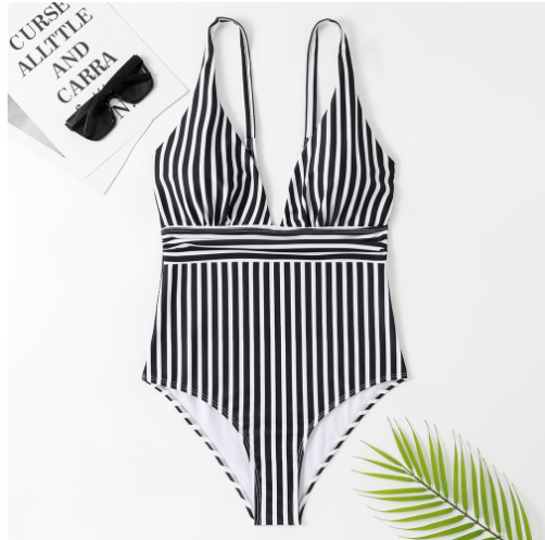 Women's Striped Deep-V Belted One-Piece Swimsuit