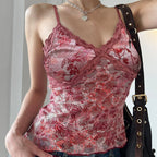 Women's Mesh Plant Print Low-Cut Lace Tank Top