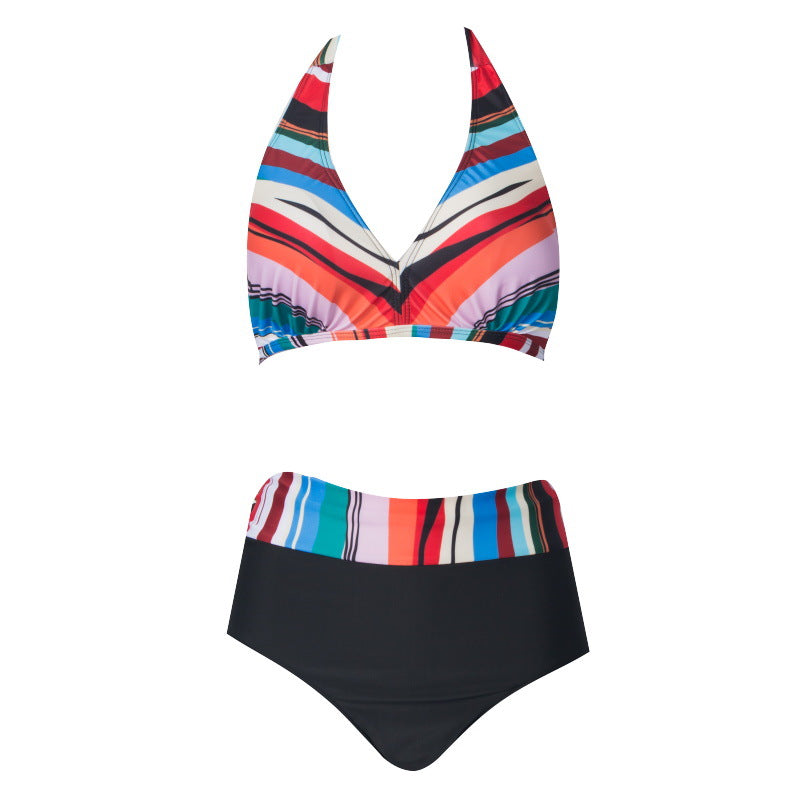 Plus Size High-Waist Striped Bikini Set