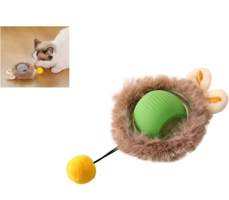 Interactive Cat Toy Automatic Rolling Ball Self-Moving Electric Rotating Ball with Plush Cover and Feather Pompom String for Cats Dogs