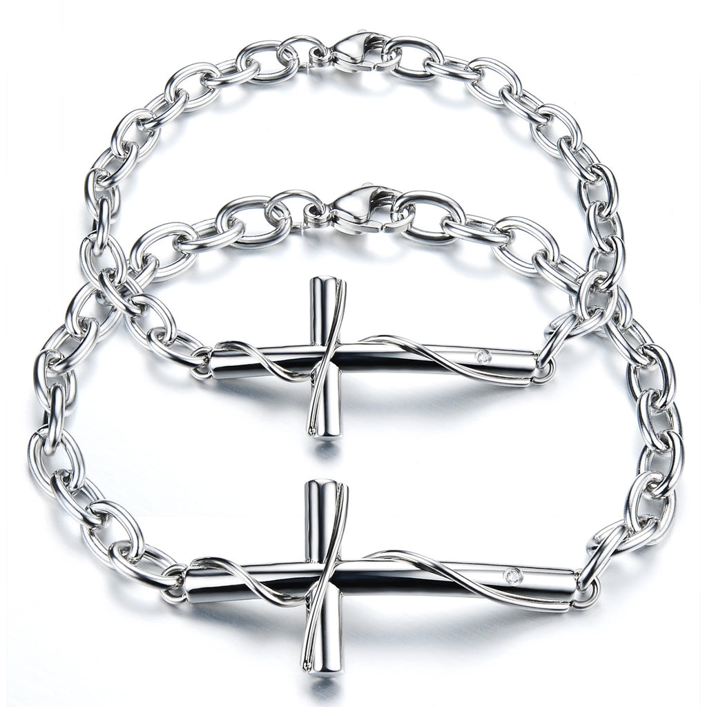 Titanium Steel Couple Bracelet with Classic Cross Design