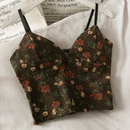 Korean V-Neck Corduroy Floral Print Tank Top for Women