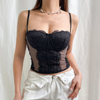Dark Style Lace Mesh Splicing Slim Fit Camisole Top