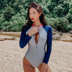 Color Block Long Sleeve Backless One-Piece Swimsuit